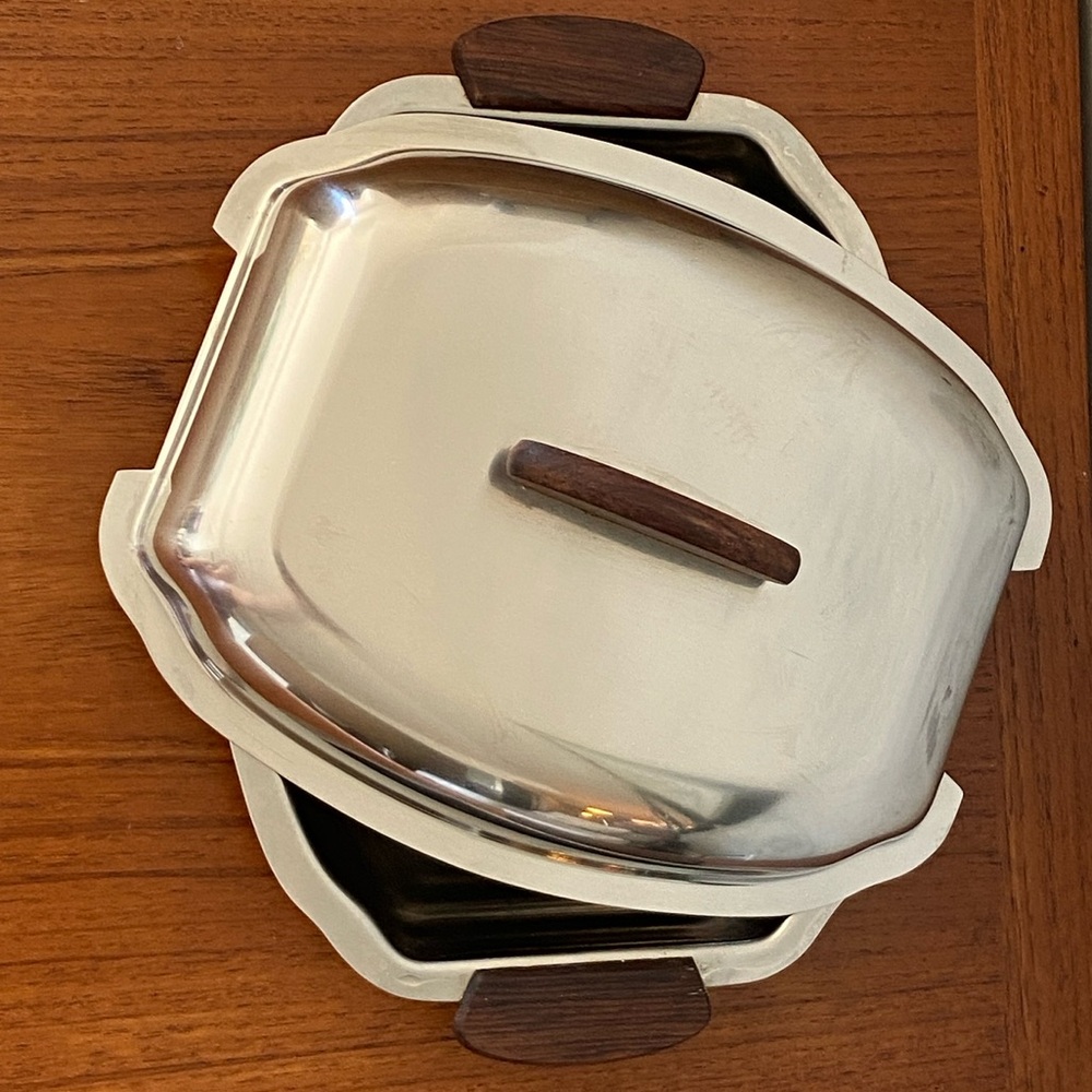 Vintage Made in Denmark Stainless Steel MCM Covered Serving Tray with Wood